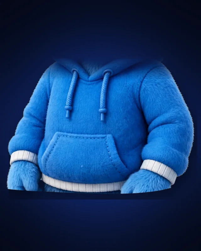 Blue fuzzy hoodie with white ribbed cuffs and hem, like Lucky's