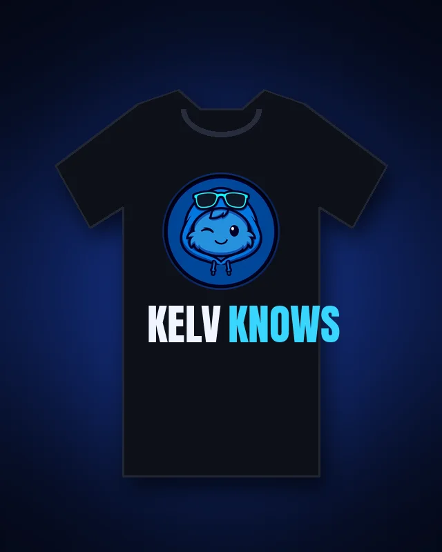 Black tee with the Kelv Knows logo